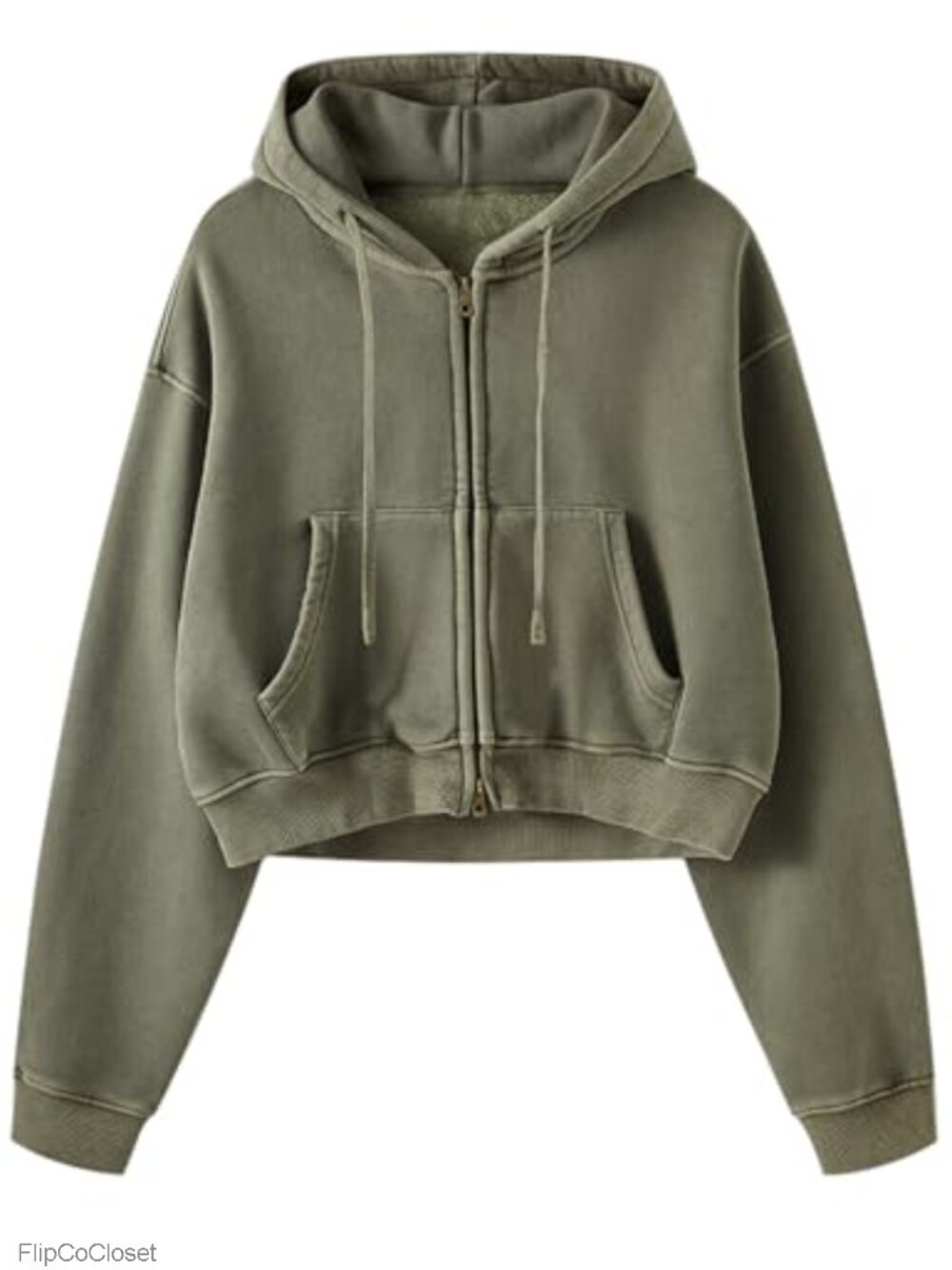Cropped Zip Up Hoodie Washed Fleece Sweatshirt Kangaroo Pocket
